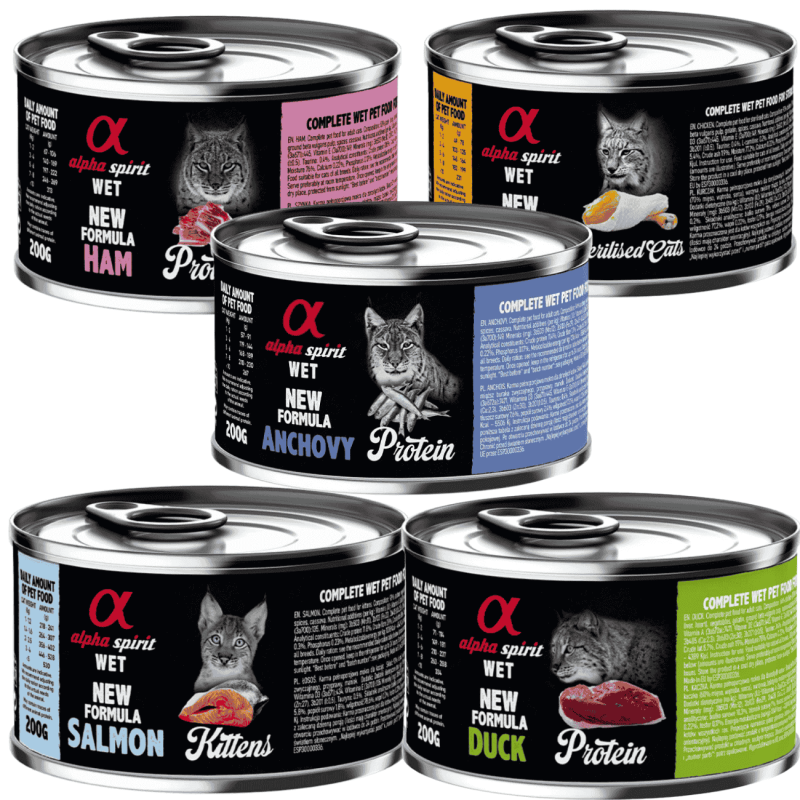 Pack Degustación Comida Húmeda Gatos Alpha Spirit | Monoproteico Sin Cereales | Jamón, Pollo, Boquerón, Salmón Kitten, Pato 🐱