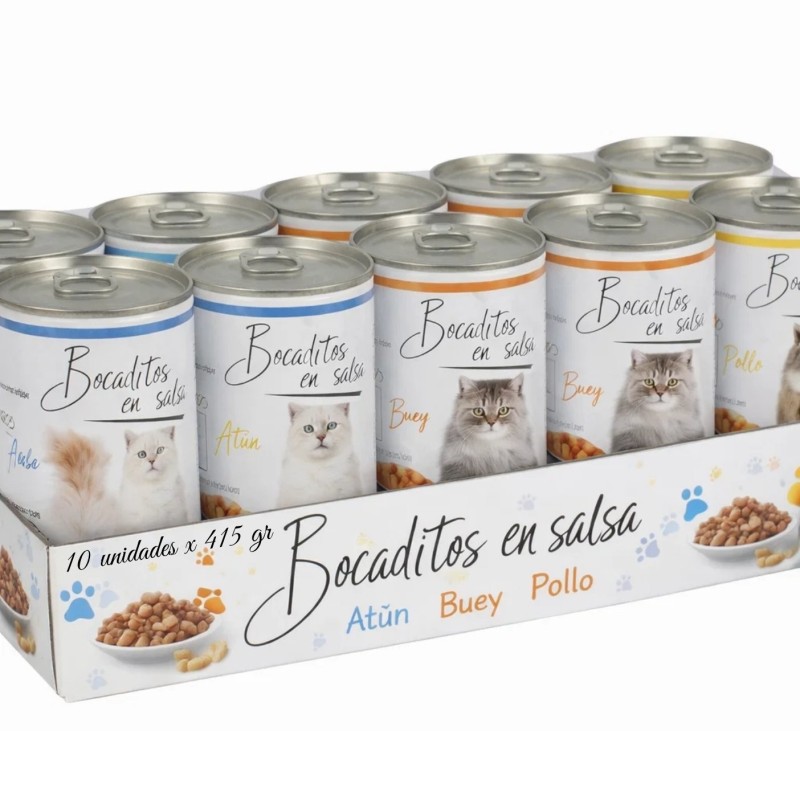 Pack 10 Latas Bocaditos en Salsa para Gatos | Surtido Pollo, Buey y Atún