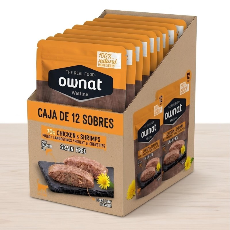 Caja 12x Sobres Ownat Wetline Gato Pollo y Camarones 85g | Sevilla