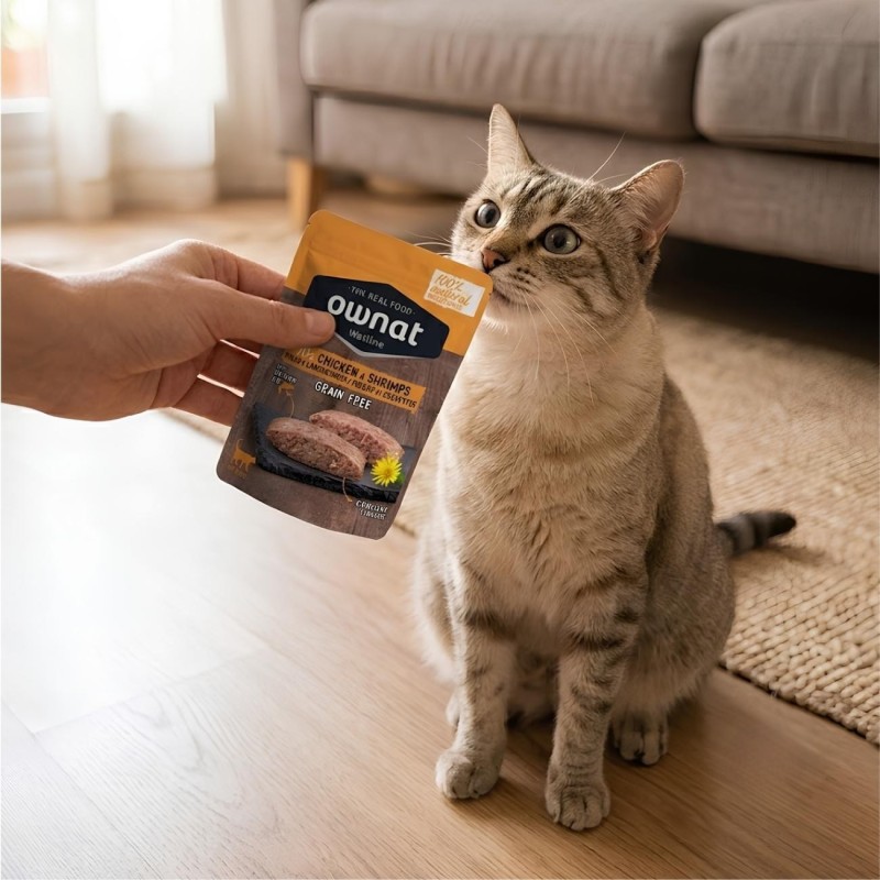 Caja 12x Sobres Ownat Wetline Gato Pollo y Camarones 85g | Sevilla