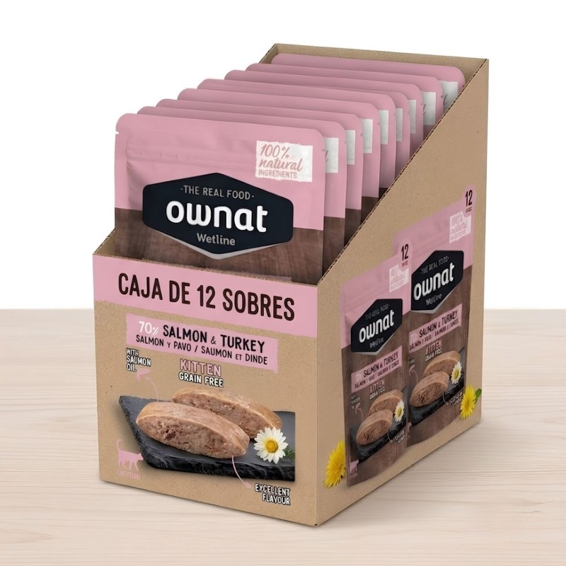 Caja 12x Sobres Ownat Wetline Gatitos Salmón y Pavo 85g | Sevilla