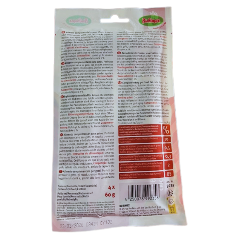 Bubimex Snack Cremoso Gatos Pollo y Arándanos 4x60g - Cuidado Urinario