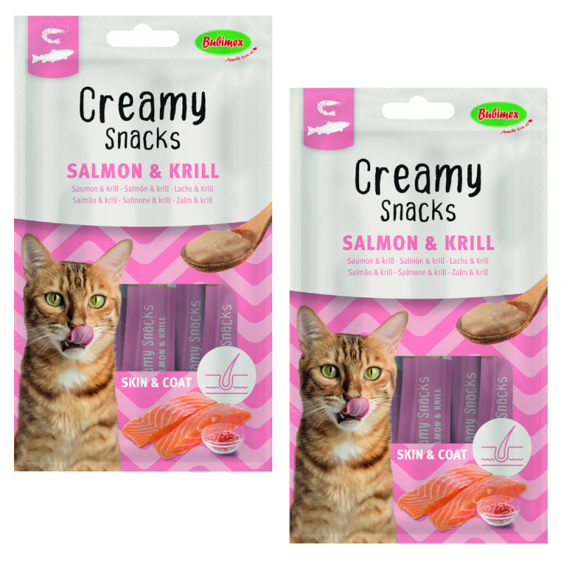 Bubimex Snack Cremoso Gatos Salmón y Krill 4x60g - Piel y Pelaje Saludable