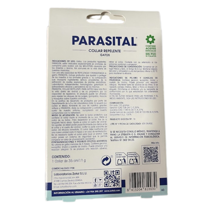 Collar Antiparasitario Zotal Parasital para Gatos | Protección contra Pulgas y Garrapatas | Supienso