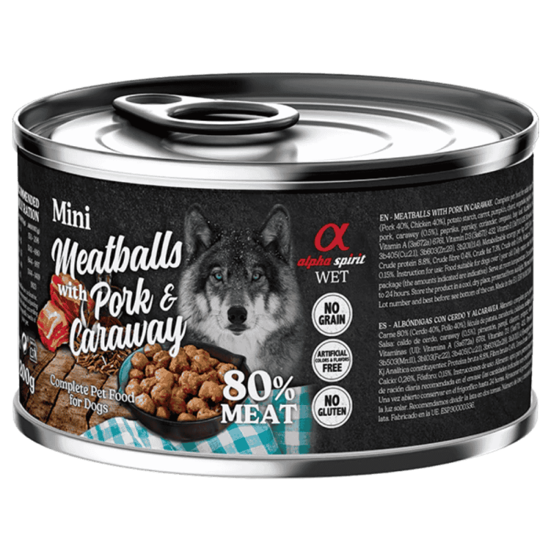 Alpha Spirit Albóndigas de Cerdo y Alcaravea 200 gr y 400 gr - Alimentación Natural para Perros