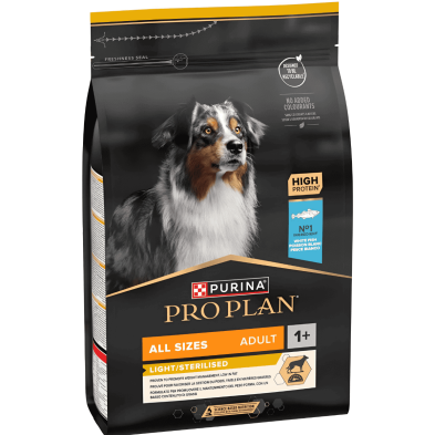 Purina Pro Plan All Sizes Adult Light/Sterilized Pescado Blanco – Control de peso para perros