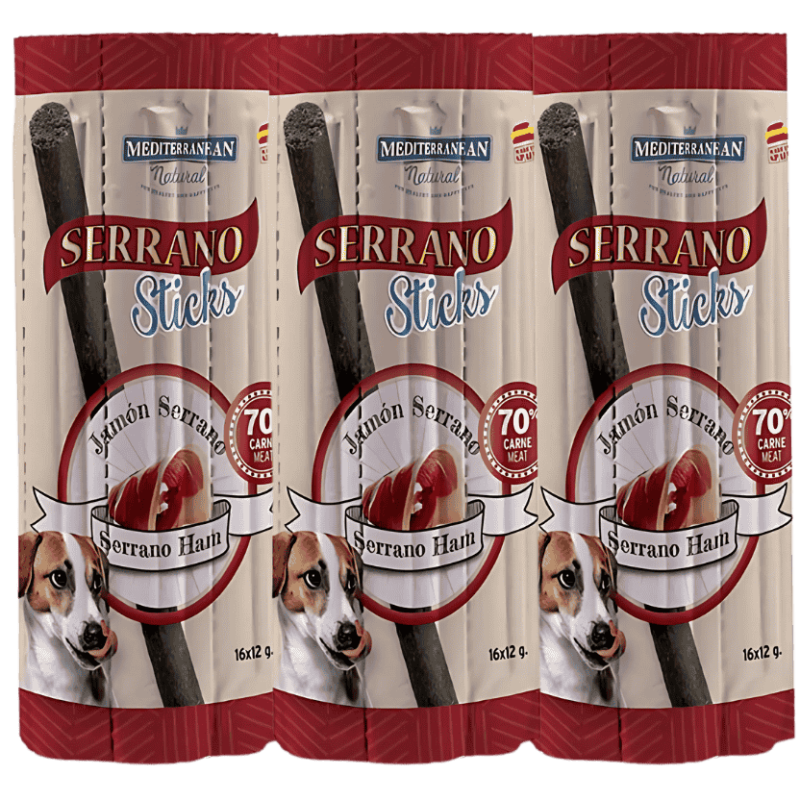 Mediterranean Natural Snacks Serrano Barritas Jamón 16 Uds | Snack Natural para Perros