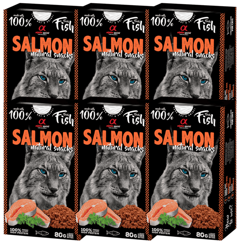 Alpha Spirit Snacks Naturales de Salmón para Gatos – Pack 6x80 g | Premios Semihúmedos y Sin Gluten