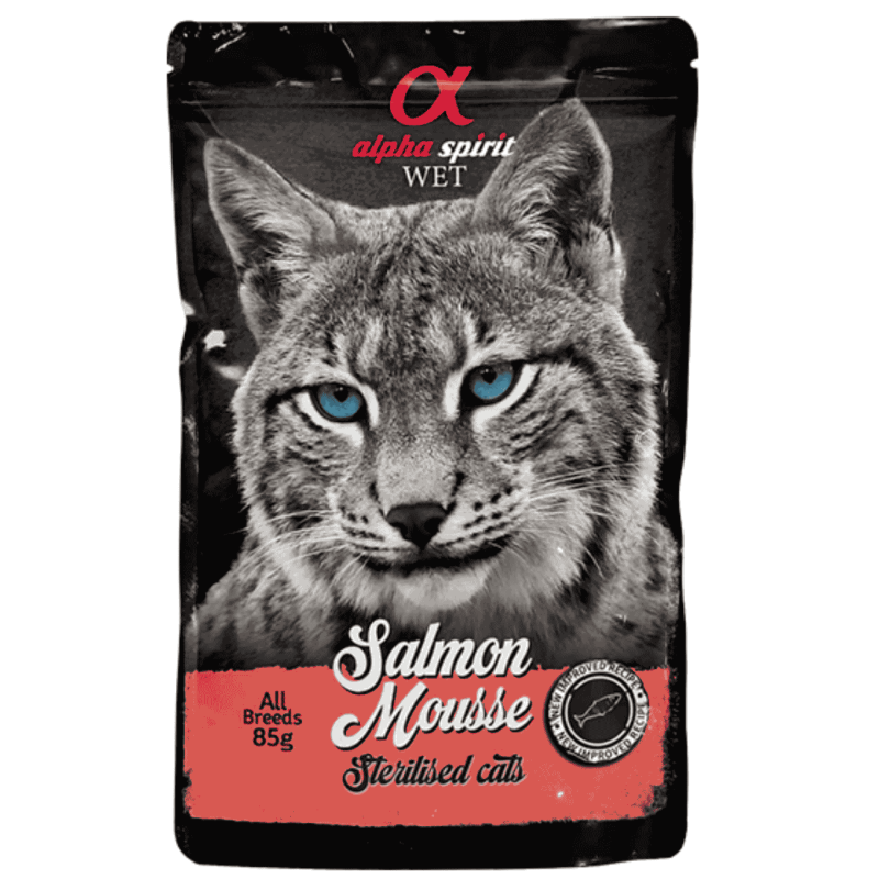 Alpha Spirit Pouch Mousse para Gato Sabor Salmón 24x85g – Comida Húmeda Natural y Completa, Sin Cereales