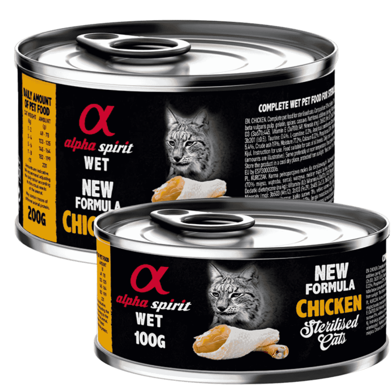 Alpha Spirit Comida Húmeda para Gatos Esterilizados de Pollo – Latas 100 g y 200 g | Alta Palatabilidad y Sin Gluten