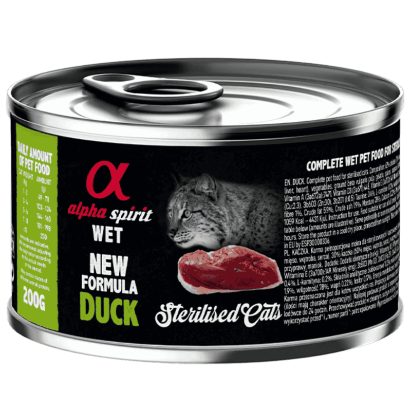 Alpha Spirit Comida Húmeda para Gatos Esterilizados de Pato – Latas 100 g y 200 g | Alta Palatabilidad y Sin Gluten