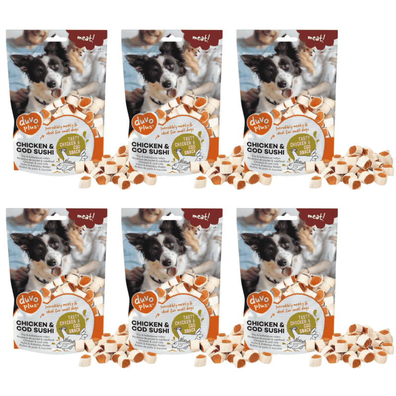 Duvo Golosina Sushi Pollo y Bacalao 180 g – Snack Natural y Sin Gluten para Perros