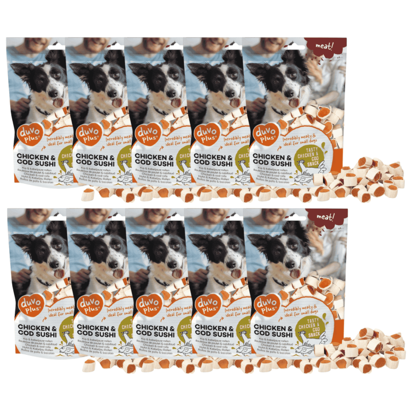 Duvo Golosina Sushi Pollo y Bacalao 180 g – Snack Natural y Sin Gluten para Perros