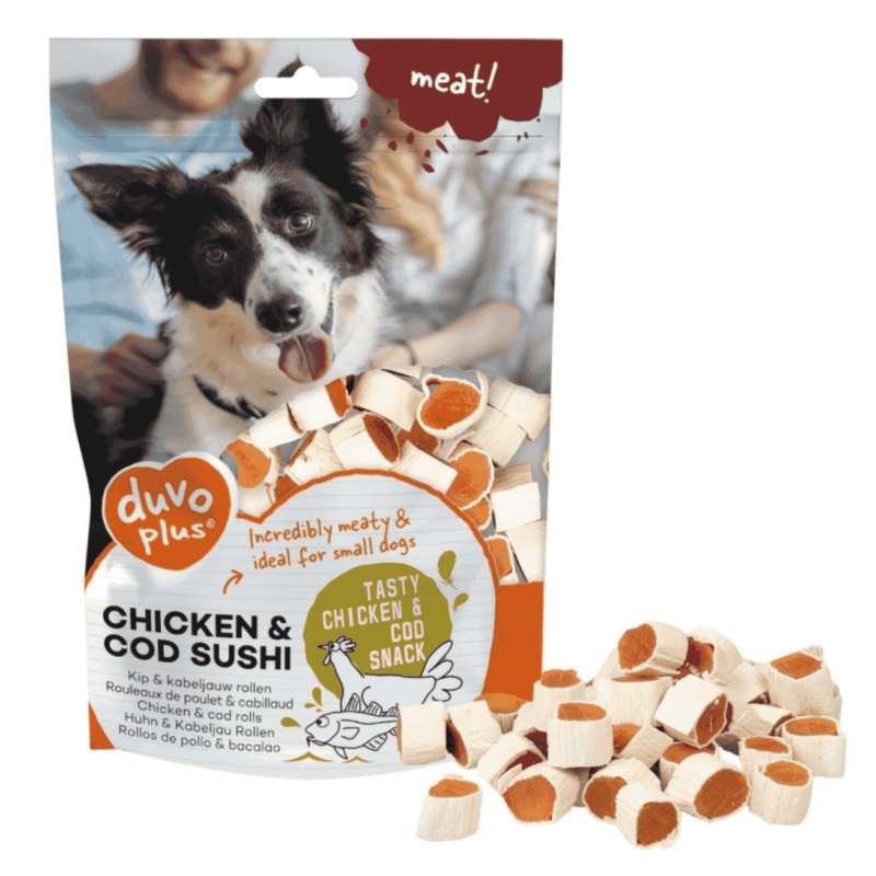 Duvo Golosina Sushi Pollo y Bacalao 180 g – Snack Natural y Sin Gluten para Perros