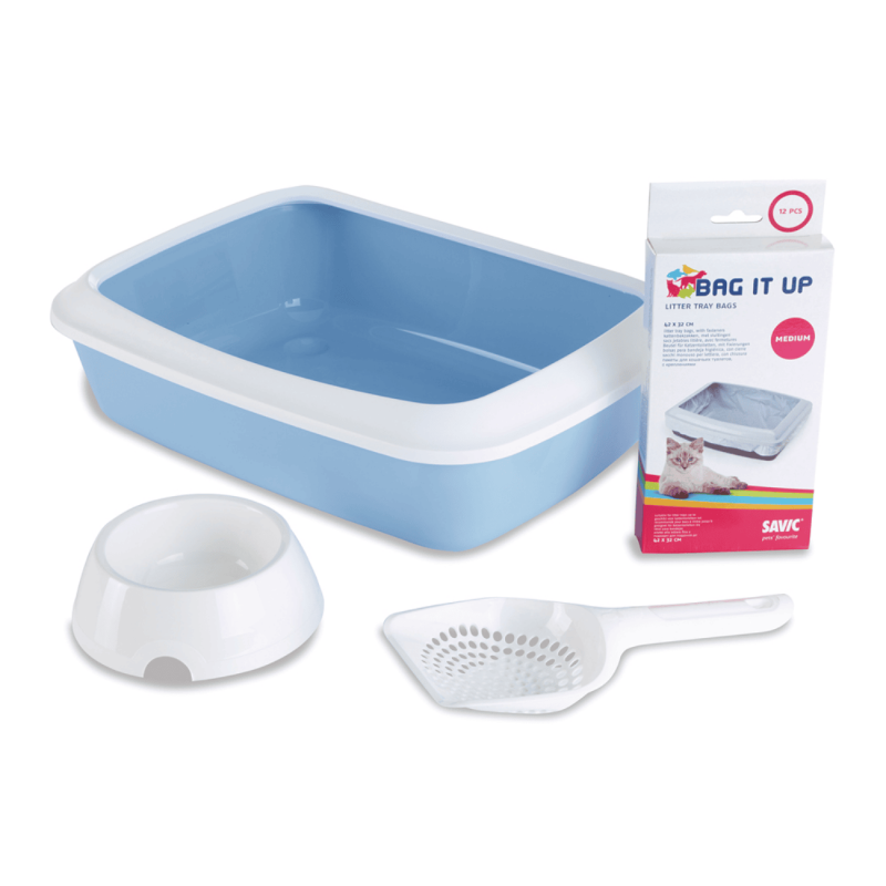 Kit Inicio Iriz para Gatitos y Gatos Pequeños - Arenero, Bolsas, Pala y Comedero | 31x42x12.5 cm