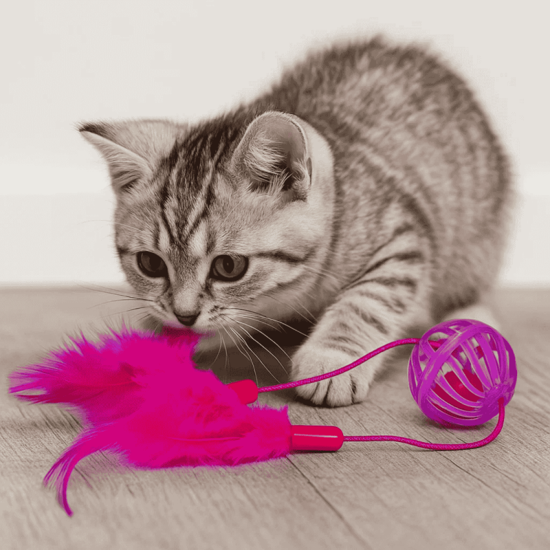 Pelota para Gato con Pluma Rosa - Juguete Interactivo y Estimulante | Instinto de Caza y Diversión