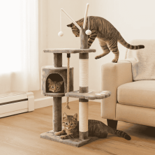 Rascador Gato 2 Palos con Cueva - Centro de Actividades para Felinos | 39.5x39.5x130 cm | Juego y Descanso