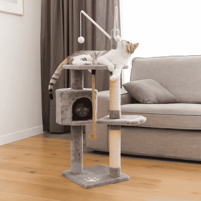 Rascador Gato 2 Palos con Cueva - Centro de Actividades para Felinos | 39.5x39.5x130 cm | Juego y Descanso